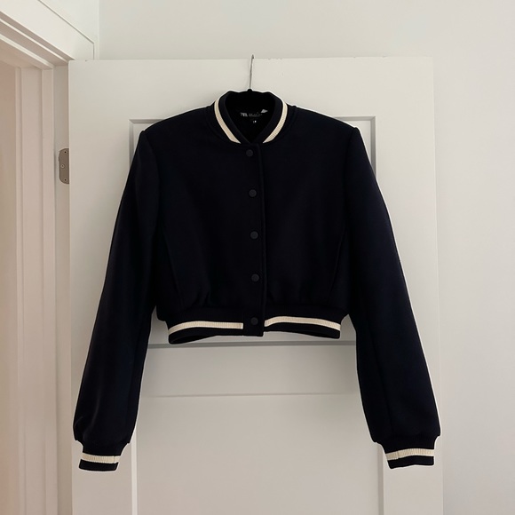 selling zara crop wool bomber jacket in navy, size small - Picture 6 of 8